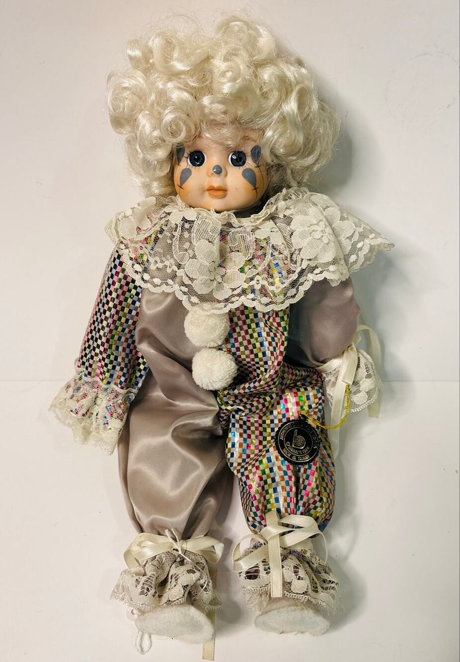 Vintage Brinn’s 1988 Clown Doll Blonde Curly Hair Multicolor Metallic Outfit
